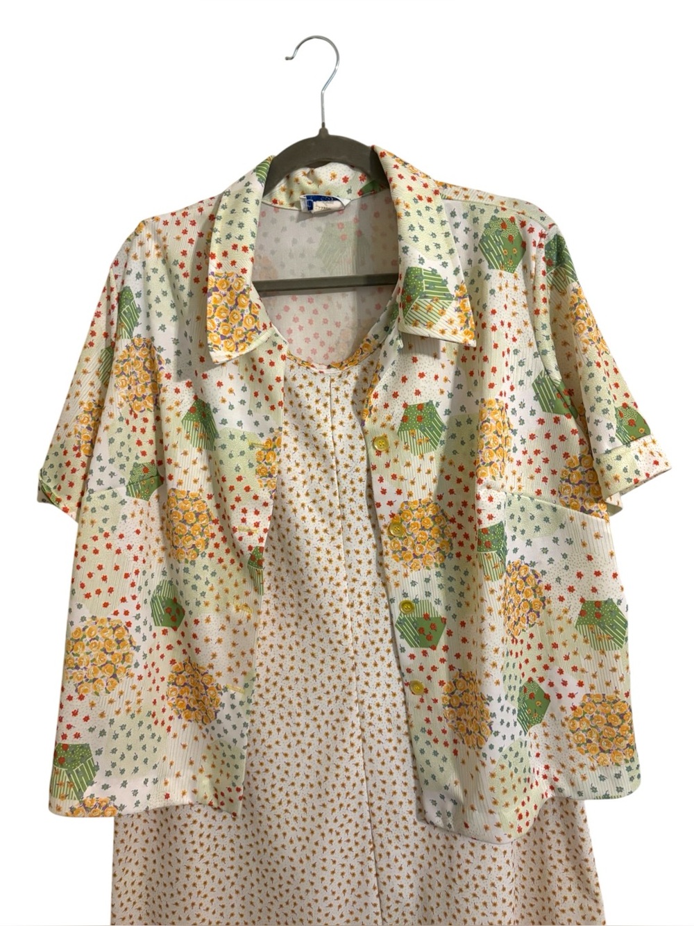 Vintage 70s Jaree 2 Floral Yellow Dress Jacket Set - Picture 3 of 9